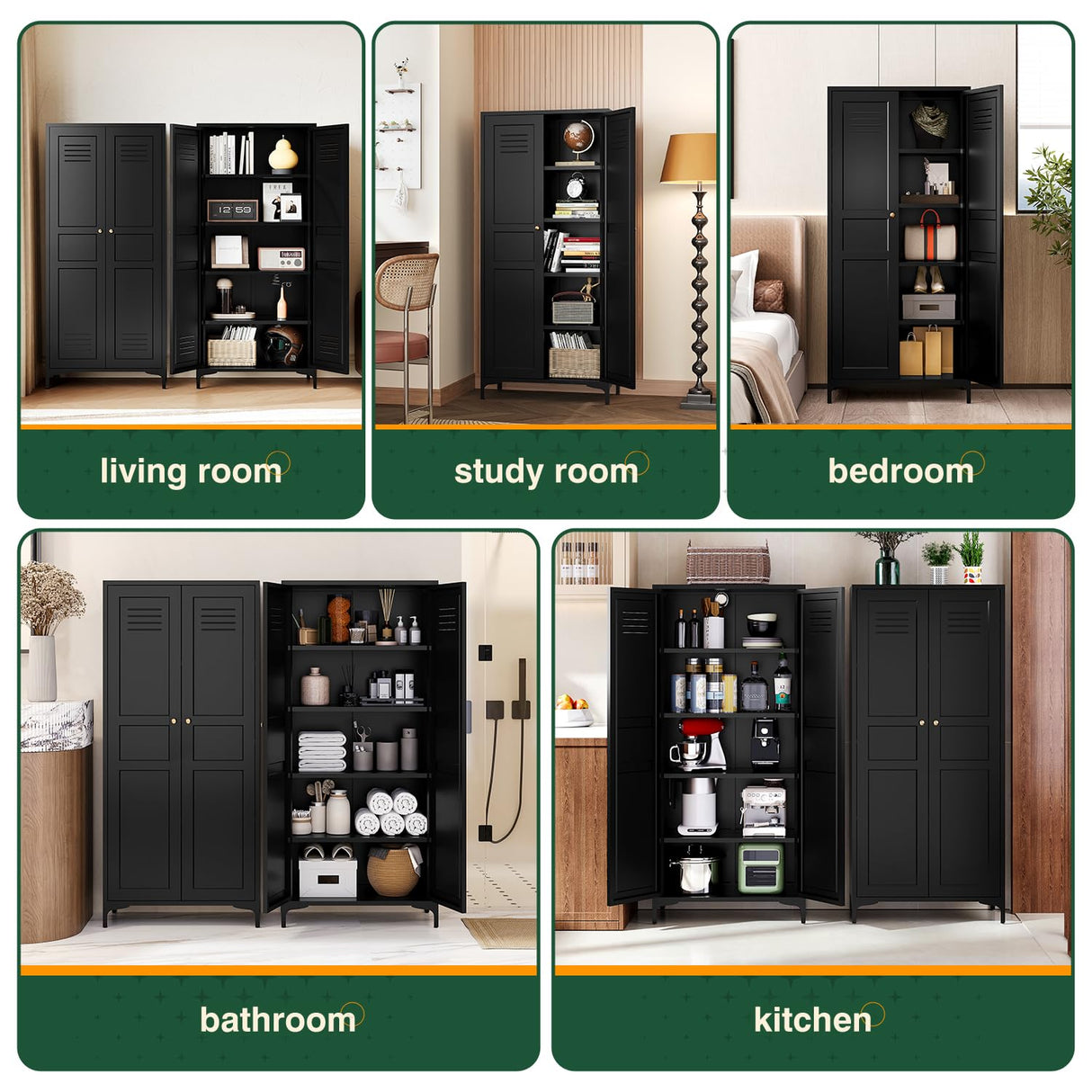 Letaya Black Storage Cabinet with Feets-Metal Home Kitchen Pantry Cabinets with Doors and Adjustable Shelves,Organization Locker for Cupboard/Bedroom/Dining/Living/Bathroom/Office/Garage Room (Black) Letaya