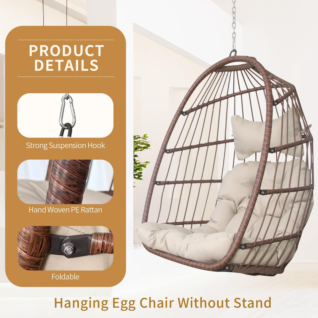 Nicesoul Outdoor Hanging Egg Chair Without Stand, Patio Wicker Swing Egg Basket Chairs with Padded Cushions, 350 Lbs Ceiling Tree Swinging Egg-Shaped Chair No Stand for Indoor Bedroom Porch, Brown NICESOUL
