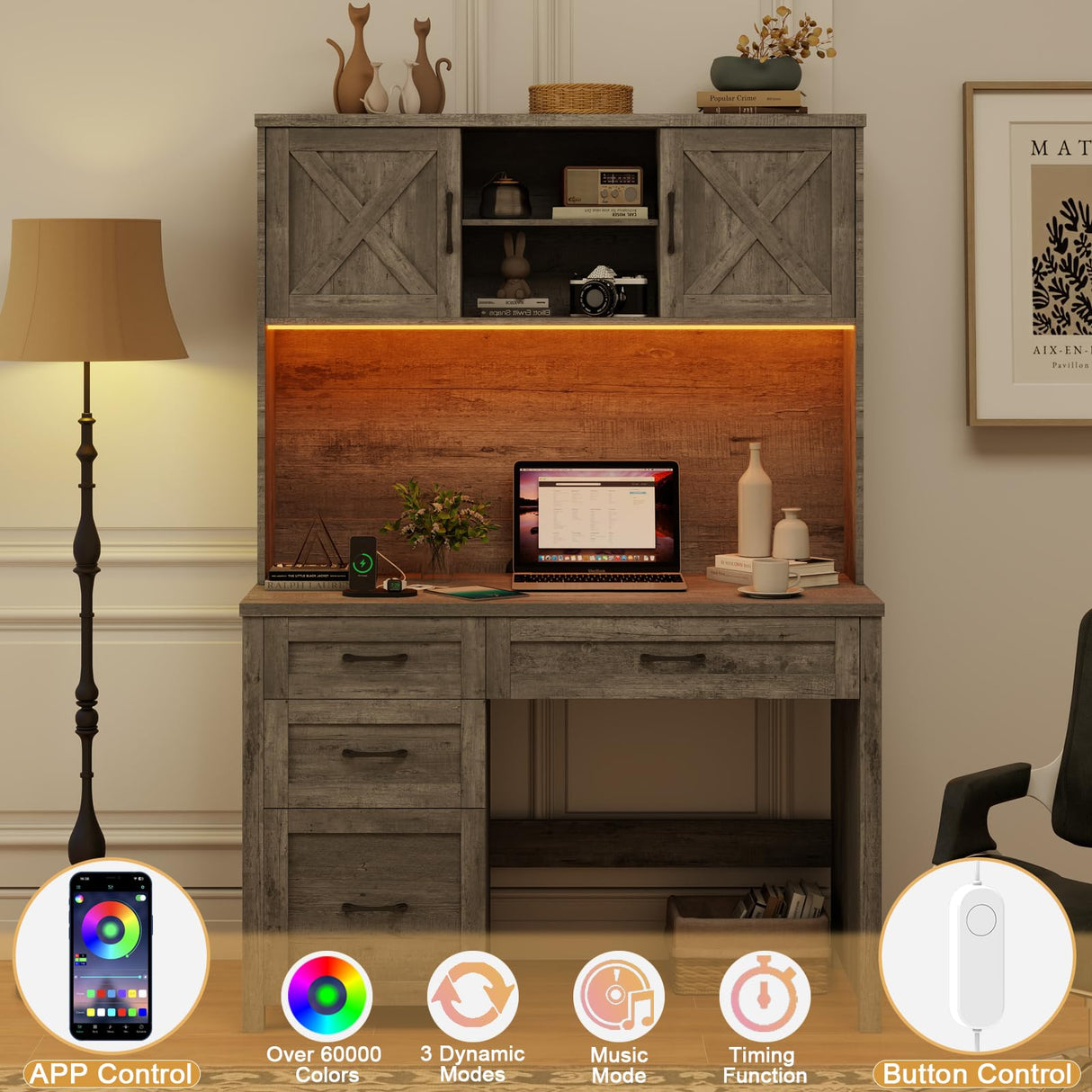 Farmhouse 67" H Executive Desk with Hutch, 4 Drawers and LED Light, Computer Desk with Storage Cabinet & File Drawers and Charging Station, Workstation for Home Office and Study. Befrases