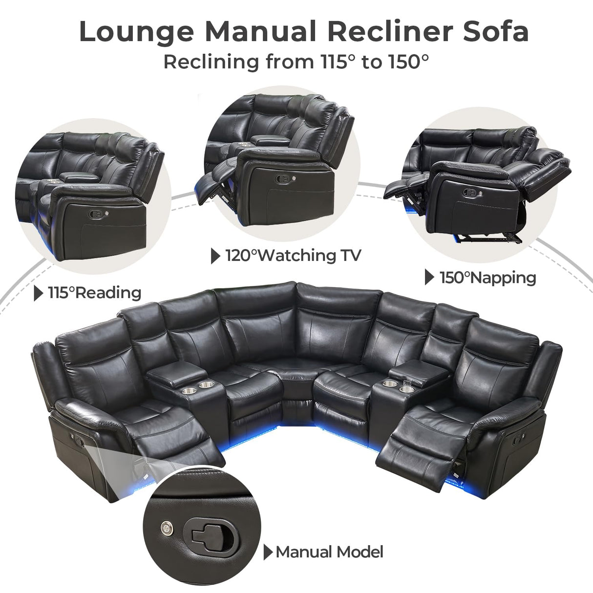Manual Recliner Sofa Sectional Couches with LED Light for Living Room, Leather Reclining Corner Sectionals Sofa Couch Sets with 2 Theater Recliner Seat, USB, Cup Holder, Storage Console for Home,Black Comfort Stretch