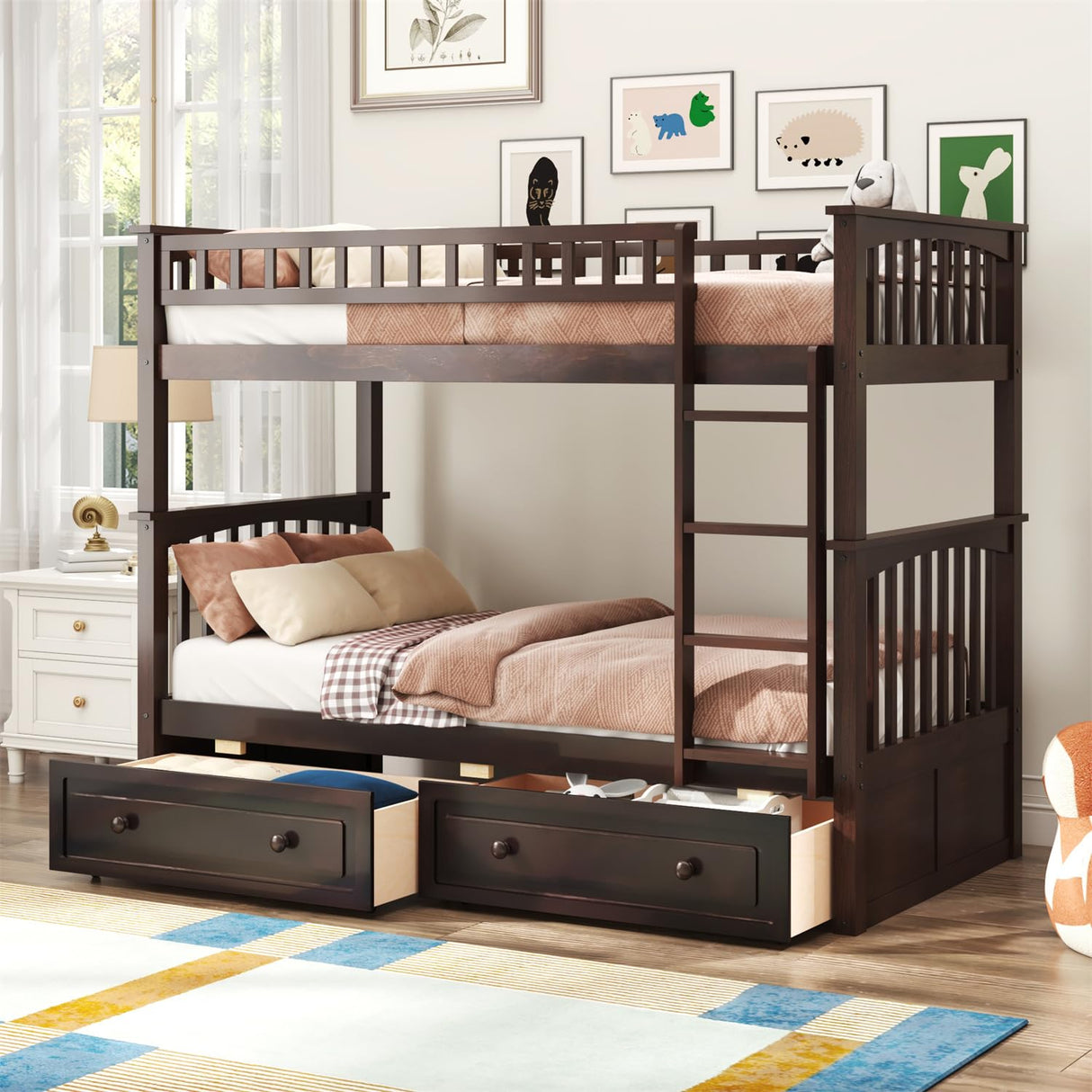 Merax Twin Over Twin Bunk Bed with 2 Storage Drawers and Ladder, Can be Devided into 2 Beds, No Spring Box Needed, Expresso Merax