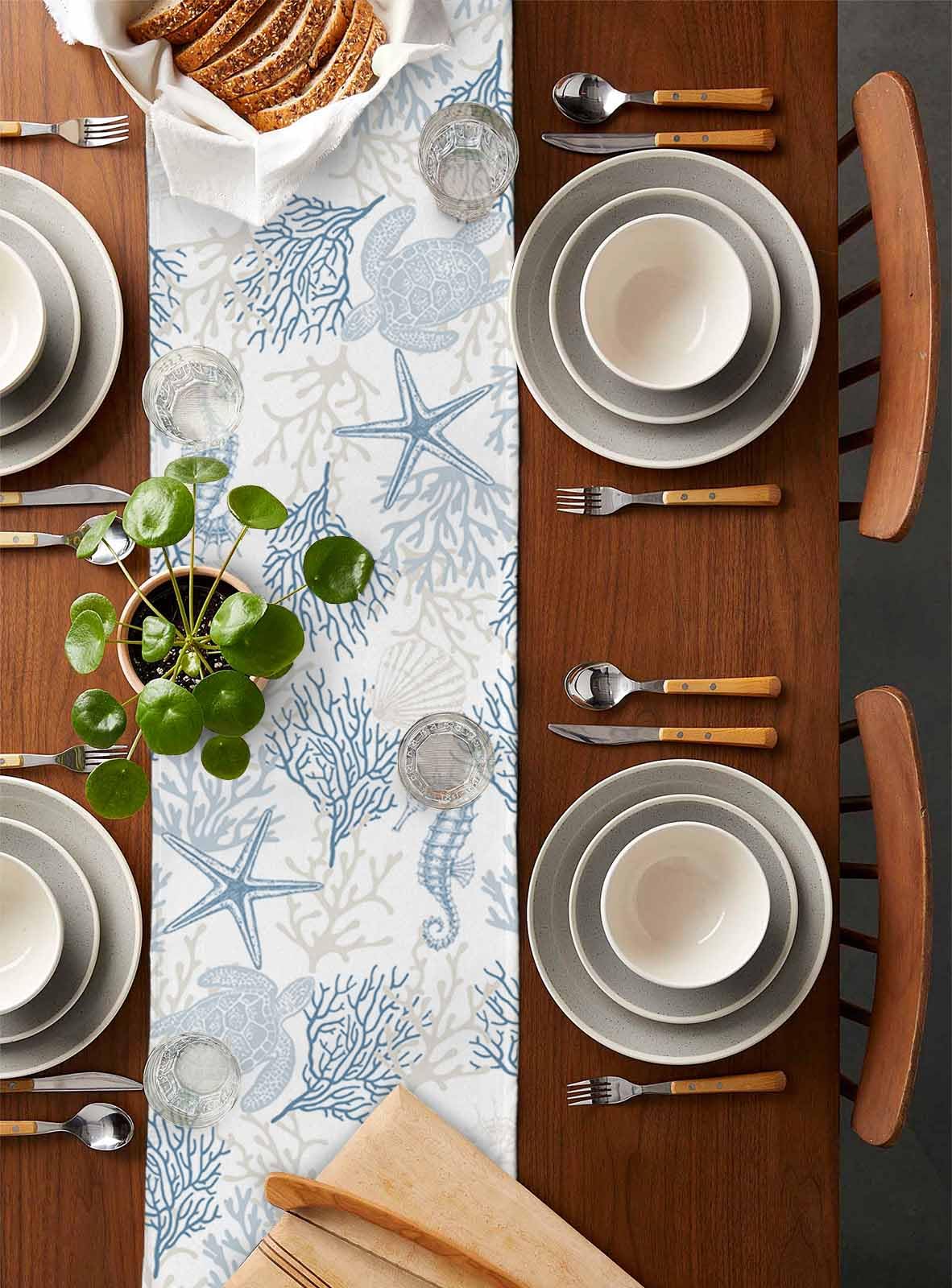 Blue Grey Coastal Table Runner 70 Inches Long, Summer Beach Nautical Farmhouse Dress Scarves, Sea Turtle Ocean Coral Dining Tablerunner for Coffee Table/Kitchen Island/Party Décor, 13" x 70" Seven Roses