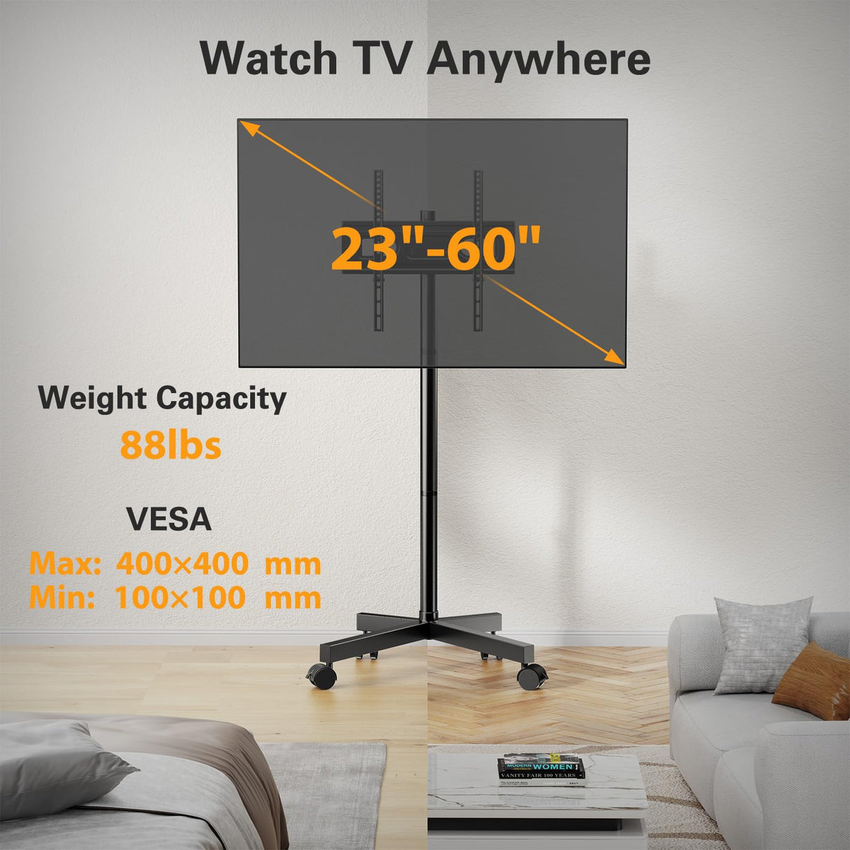 Perlegear Rolling TV Stand for 23-60 Inch LCD LED OLED 4K Smart TVs Holds up to 88lbs, Mobile TV Stand with Height Adjustable, Tilting TV Cart with Locking Wheels Max VESA 400x400mm, PGTVMC16 Perlegear