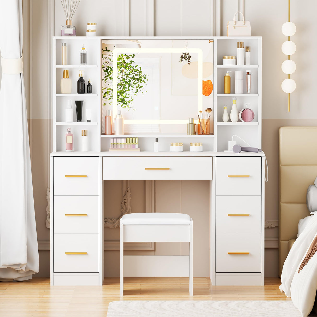 ANWBROAD Vanity Desk Table with Lighted Mirror and Lights Makeup Vanity Desk 39.4“ with Power Outlet 3 Colors Lighting Adjustable Brightness Vanity Table for Bedroom Dressing Room (White + 7 Drawers) ANWBROAD