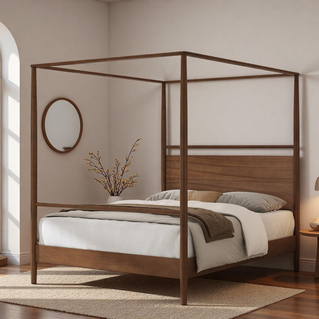 LUMISOL Full Size Canopy Bed Frame with Storage, Solid Wood 4 Posters Canopy Bed, No Box Spring Needed, Walnut LUMISOL