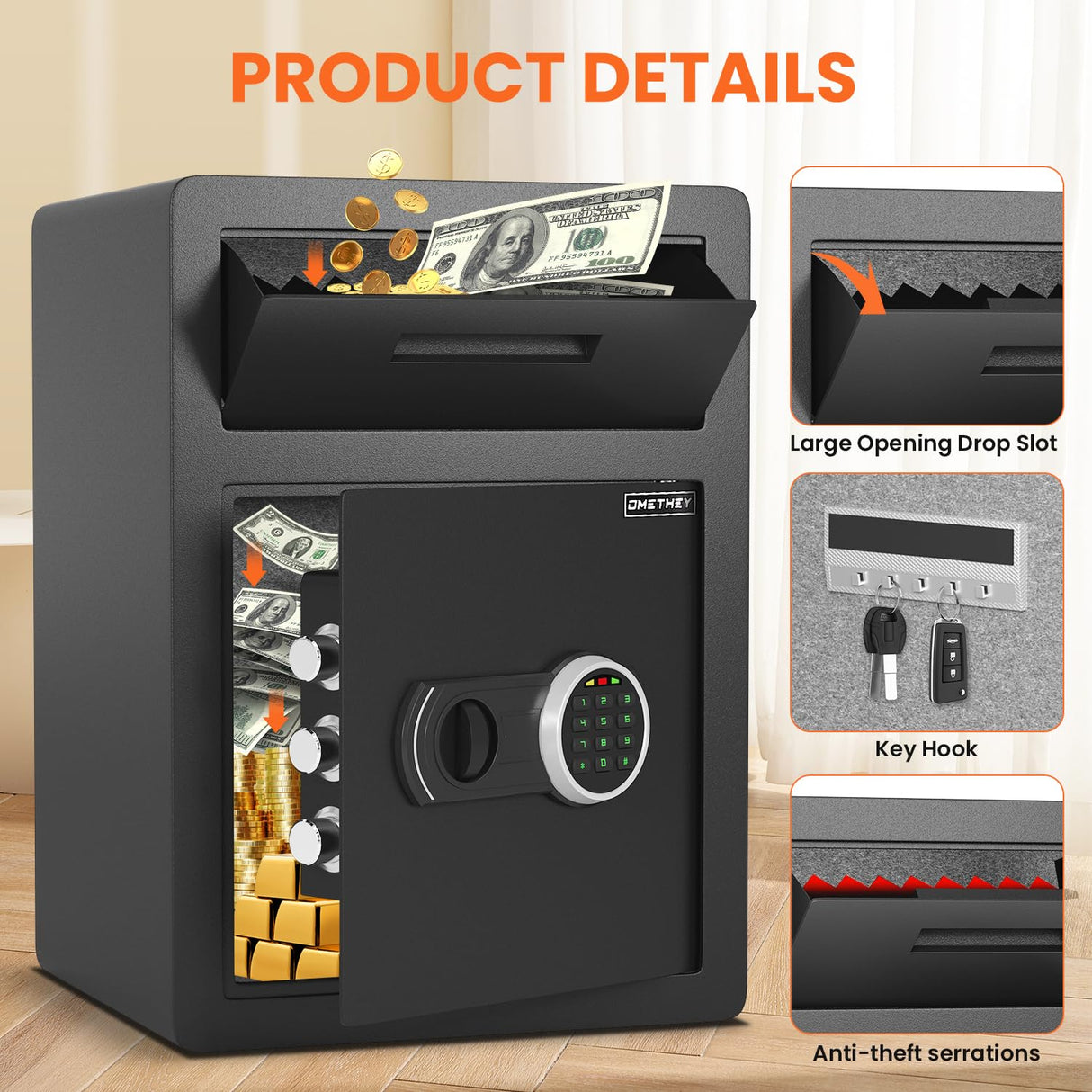 2.0 Cu ft Depository Drop Safe, Drop Box for Money with Fireproof Waterproof Bag, Anti-theft Digital Drop Slot Safe with Dual Alarm, Large Drop Slot Safe Box for Business Home Office Hotel Market Omethey