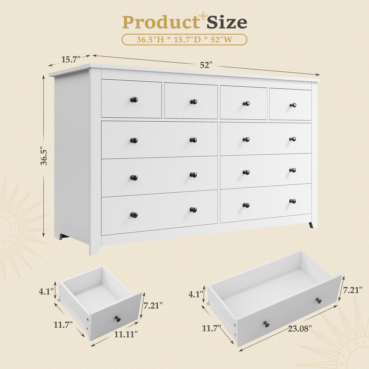 DurayLoly White Dresser for Bedroom with 10 Spacious Drawers Large Wood Dresser TV Stand for Bedroom Modern Chest of Drawers for Living Room Hallway Entryway, Smooth Slide, 15.7" D x 52" W x 36.5" H DurayLoly
