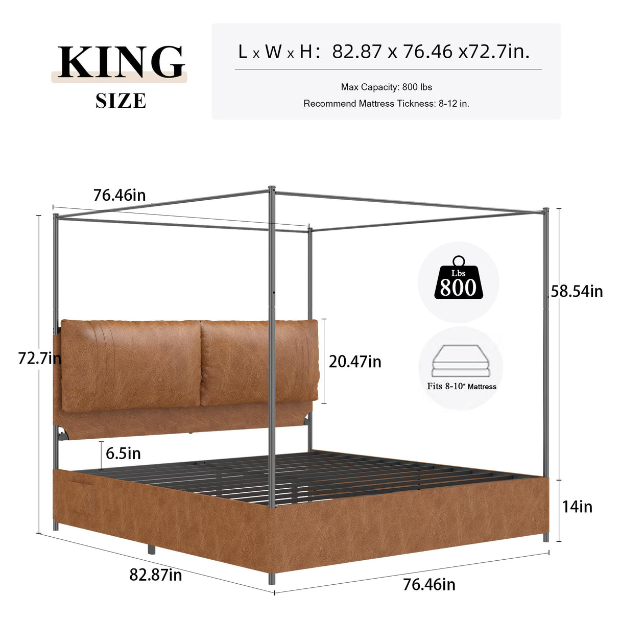 PAUKIN Canopy Bed Frame King Size with Upholstered Headboard, Sturdy and Stable, Easy to Assemble, Metal Bar Support, no Spring Mattress Required. (Brown, King) PAUKIN