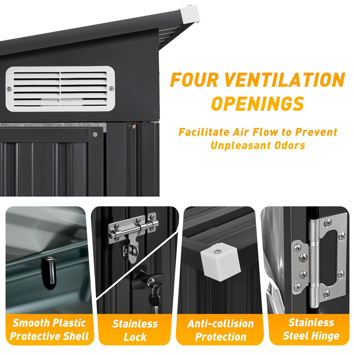 Breezestival 8'x4' Shed Galvanized Steel Storage Sheds with Triple Doors Utility Sheds for Vertical Storage, Dual Lock Lean to Shed with Sloped Roof for Mower, Bike, Garden Tools (Black) Breezestival