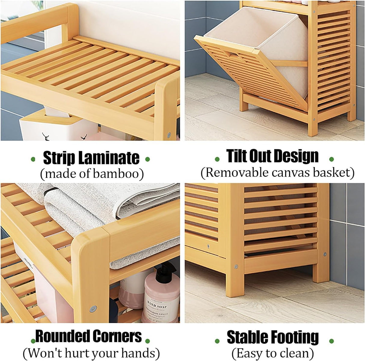 Bamboo Tilt-Out Laundry Hamper with Shelf & Removable Liner, 4 Tiers Freestanding Laundry Shelf Bathroom Storage Shelf Cabinet with Storage Basket for Bedroom Bathroom BuufuS