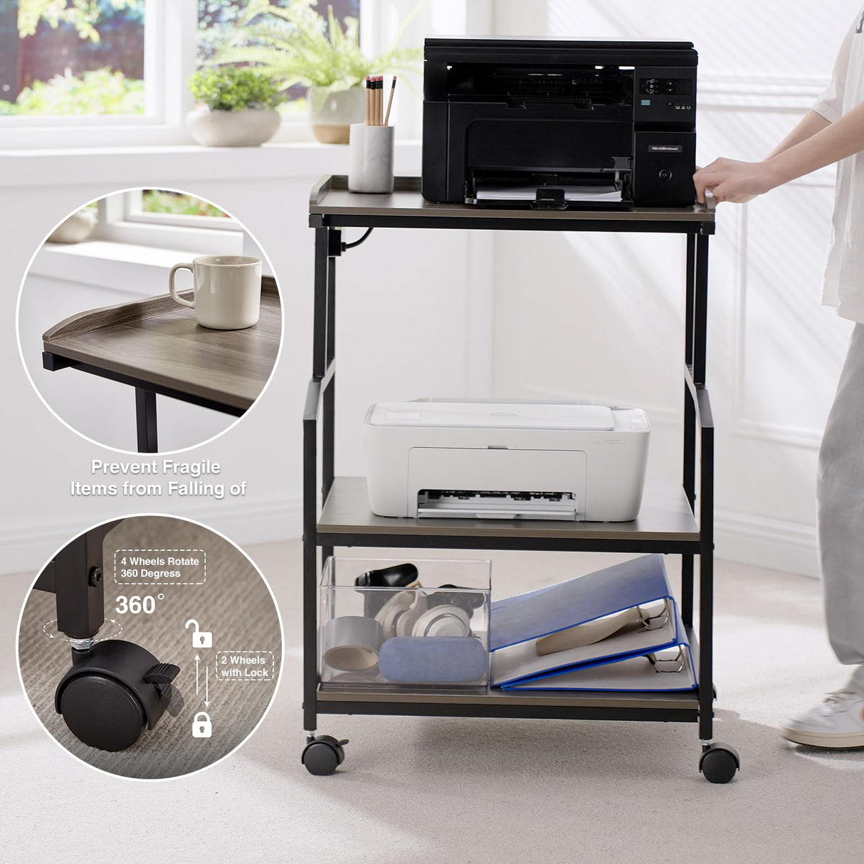 Lauren&Harold 3-Tier Printer Stand with Storage Printer Table with Charging Station and USB Ports, Rolling Printer Cart with Adjustable Shelf, Large Printer Stand with Wheels for Home Office Lauren Harold