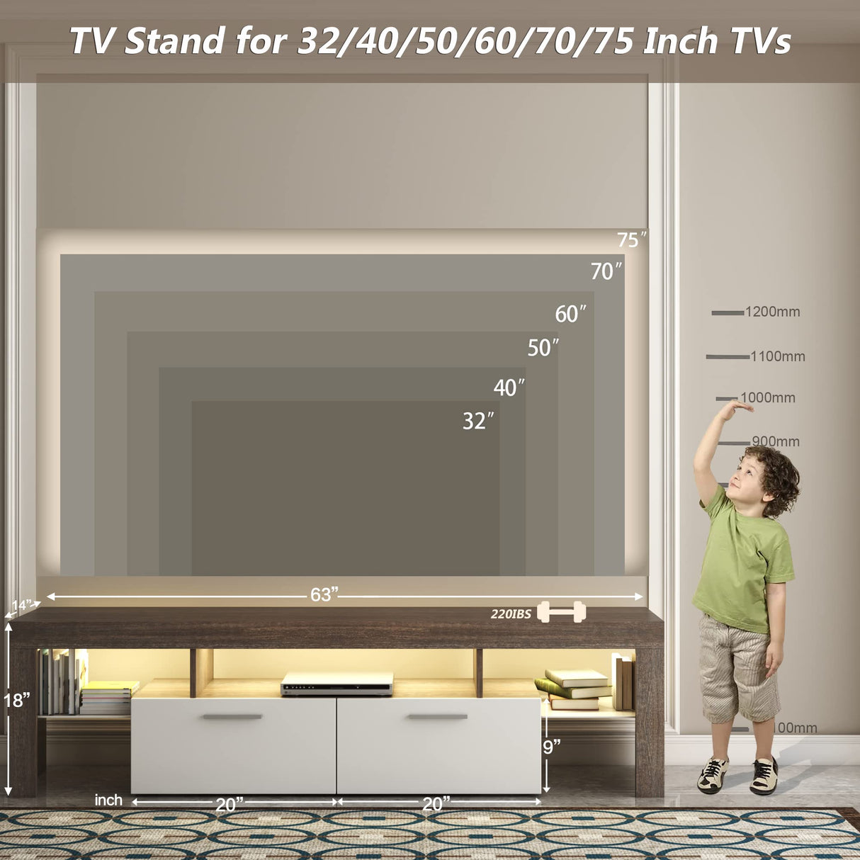 Clikuutory Modern LED TV Stand with Large Storage Drawer for up to 75 Inch TVs, Brown and White Doors, Wood Farmhouse TV Console with Glossy Entertainment Center for Living Room, Bedroom Clikuutory