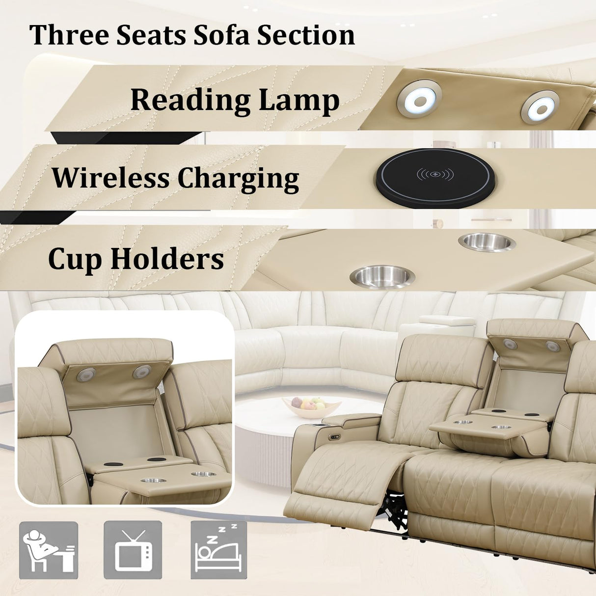SIENWIEY Leather Recliner Sofa Set with LED Light, Power Reclining Couch Set with USB Port, Leather Couch Set 2 Pieces for Living Room Home Theater Seating(Beige,Sofa and Loveseat) SIENWIEY