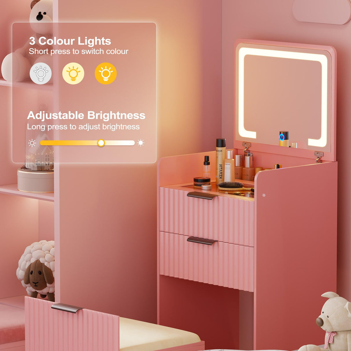 Lvifur 3 in 1 Small Vanity Desk with Plip Top Mirror,Makeup Vanity Set with Visible Glass Desktop,Compact Vanity with 3 Drawers,Storage Compartment and Padded Stool,Dressing Table for Bedroom,Pink Lvifur