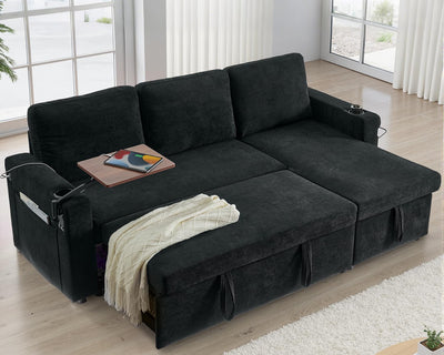 KCGKCG Sleeper Sofa Bed, 85" Pull Out Couch Bed with Reversible Storage Chaise for Living Room, L Shaped Sleeper Sofa with Retractable Table, Charging Station, Cup Holder & LED Lighting, Black