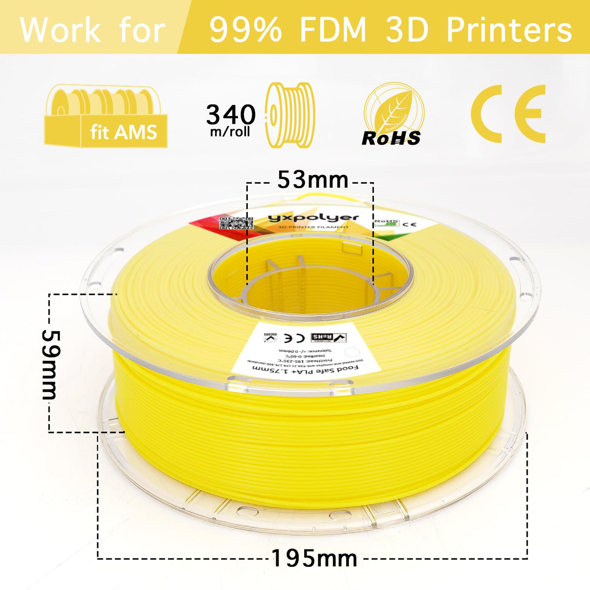 YXPOLYER PLA+ Filament Food Safe PLA Plus Food-Grade 1.75mm 3D Printing Filament 1kg 2.2lbs with PC Reusable Spool fit AMS System and Most FDM 3D Printers, Yellow yxpolyer