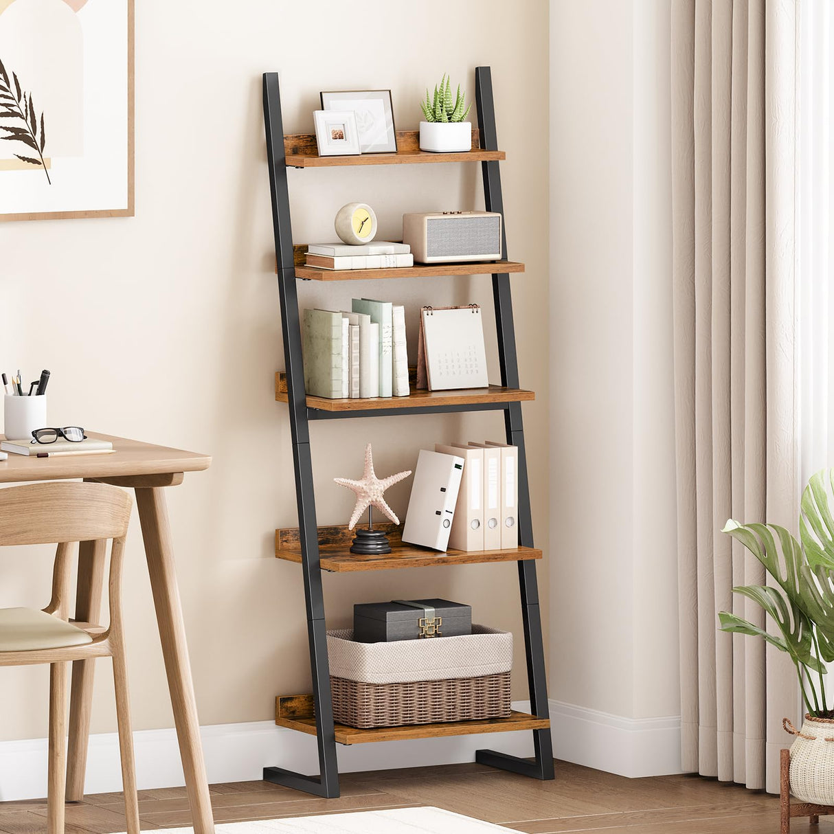 HOOBRO 5-Tier Bookcase, Narrow Ladder Shelf, Small Bookshelf, Corner Storage Shelf, Small Display Organizer for Living Room, Study, Balcony, Bedroom, Rustic Brown and Black BF150CJ01 HOOBRO