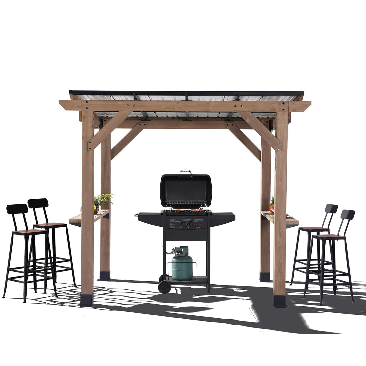 8x6 FT Wood Grill Gazebos, BBQ Wooden Gazebo with Hardtop Sloping Steel Roof, Wood Outdoor Pavilion with 2 Side Storage Shelves,Cedar Frame Patio Gazebo for Barbecue, Garden, Deck (Grey) StarEcho