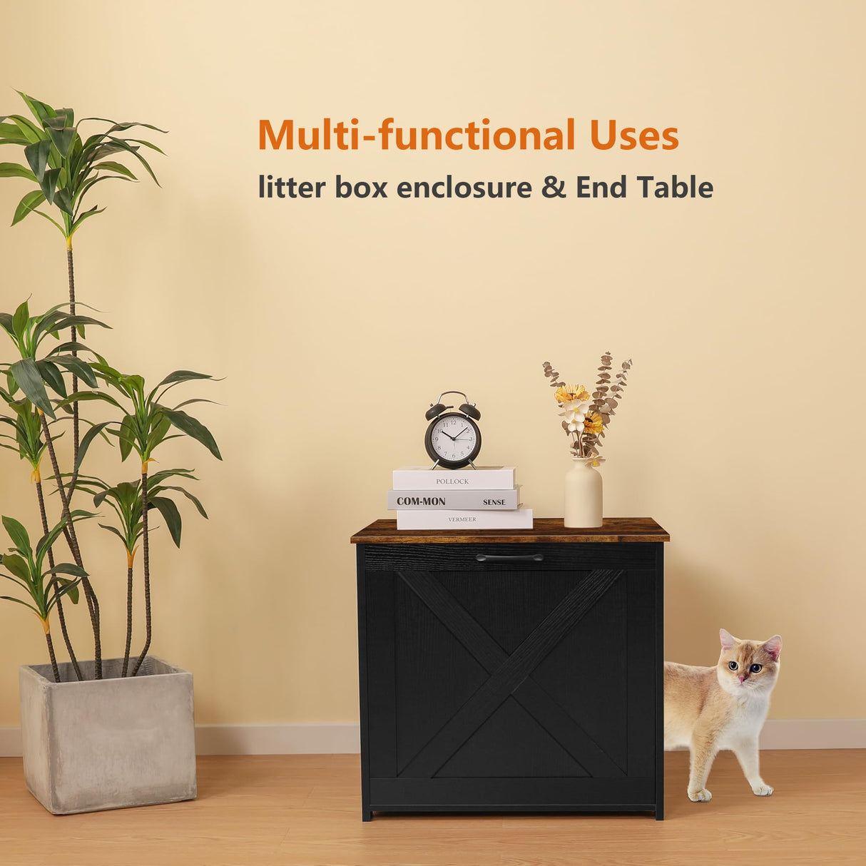 DWANTON Cat Litter Box Furniture Hidden, Cat Litter Box Enclosure, Reversible Entrance Can Be on Left or Right Side, Indoor Cabinet, Wooden Washroom, Nightstand, Black and Rustic Brown, 23.6" L Dwanton