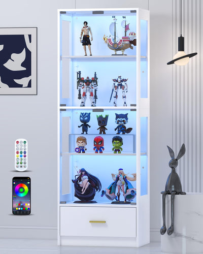 Lamtor Display Cabinet with Glass Doors - 67" Curio Cabinet with RGB LED Lights and Drawer for Collectibles, 4 Tier Glass Display Case for Living Room, Office, White (Narrow)