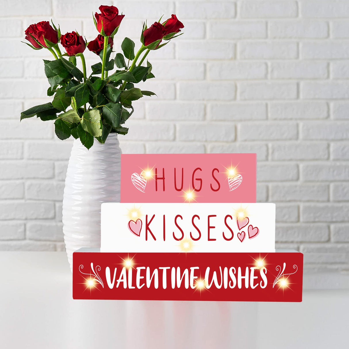 Valentines Day Decor,11 LED Valentine Wood Block Sign, Valentine Wishes Rustic Letters, Farmhouse Home Table Centerpiece Decor,Valentine's Day decor Tiered Tray, Tables, Mantel Decor,Valentine Gift CRCZK
