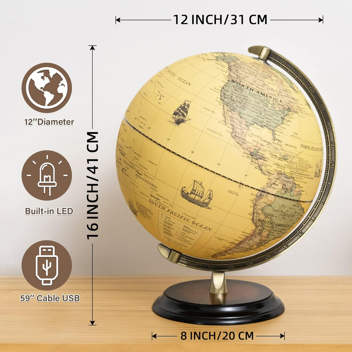 12'' Retro Illuminated World Globe with Wooden Stand, 2-1 Educ & Décor Antique Night Light up Globe Built in LED & HD Printed Map, Antique Illuminated Globe for Adults & Kids, Home Décor, Office BSHAPPLUS