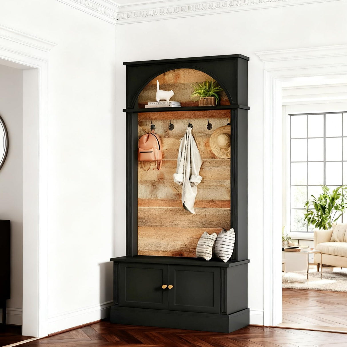 Tribesigns 70.86" Hall Tree with Storage Bench, 4-in-1 Design Entryway Bench with Coat Rack, Farmhouse Hall Tree with 5 Hooks and Adjustable Shoe Storage for Entryway, Hallway(Black+Brown) Tribesigns