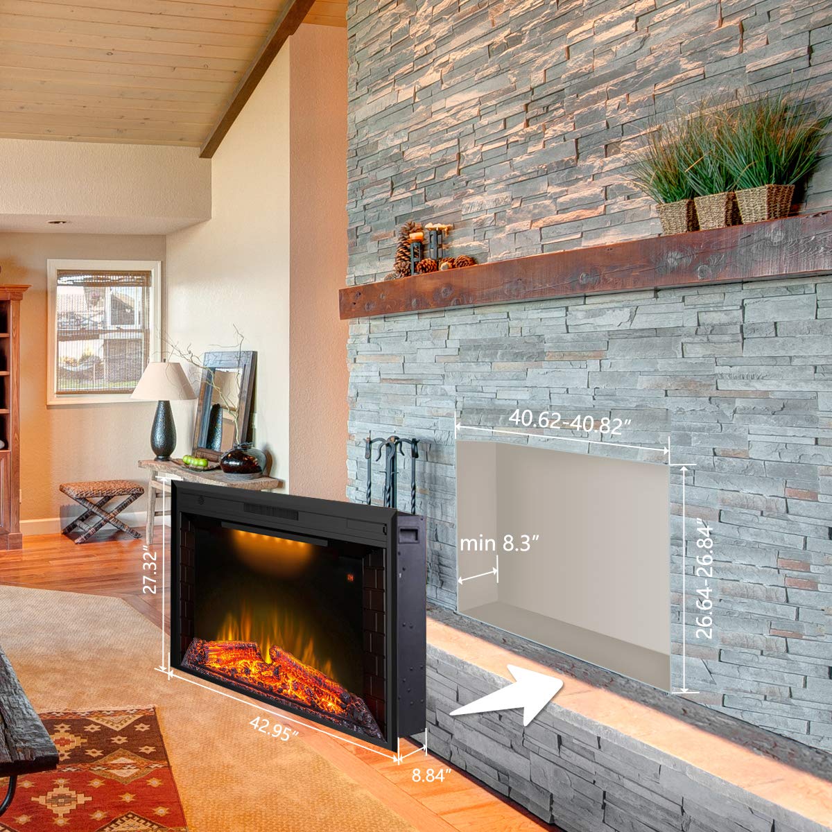 Valuxhome 43 Inches Electric Fireplace Heater Insert with Overheating Protection, Fire Crackling Sound, Remote Control, Thermostat, 750/1500W, Black Valuxhome