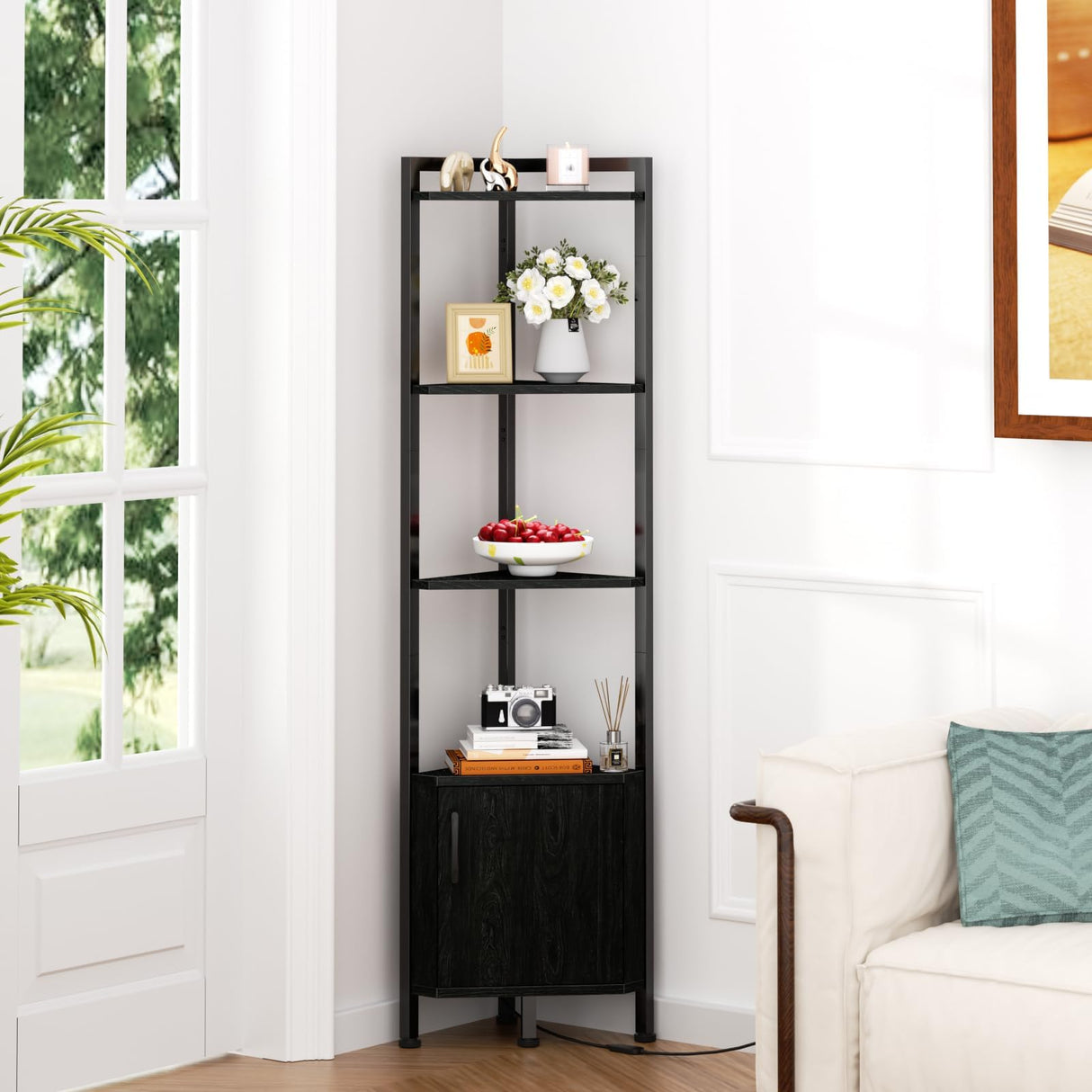 Furnulem Corner Shelf,5-Tier Corner Cabinet with Storage and LED Light, 62.8” Standing Display Bookshelf for Bedroom, Living Room, Kitchen, Wood Display Shelf (Black Oak) Furnulem