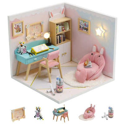 Kisoy Dollhouse Miniature with Furniture Kit, DIY 3D Wooden DIY House Kit A Corner of a Small Apartment Style with Dust Cover & LED,Handmade Tiny House Toys for Kids Adults Gift (Study Room)