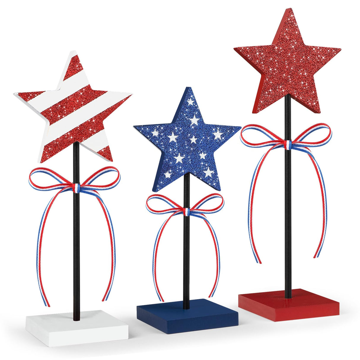 4th of July Tiered Tray Decor Wooden Star Set, 3 Pcs Memorial Day Table Decorations, Rustic Patriotic Tabletop Home Decor, Red White and Blue Decorations for Home (Shiny) Hedeey