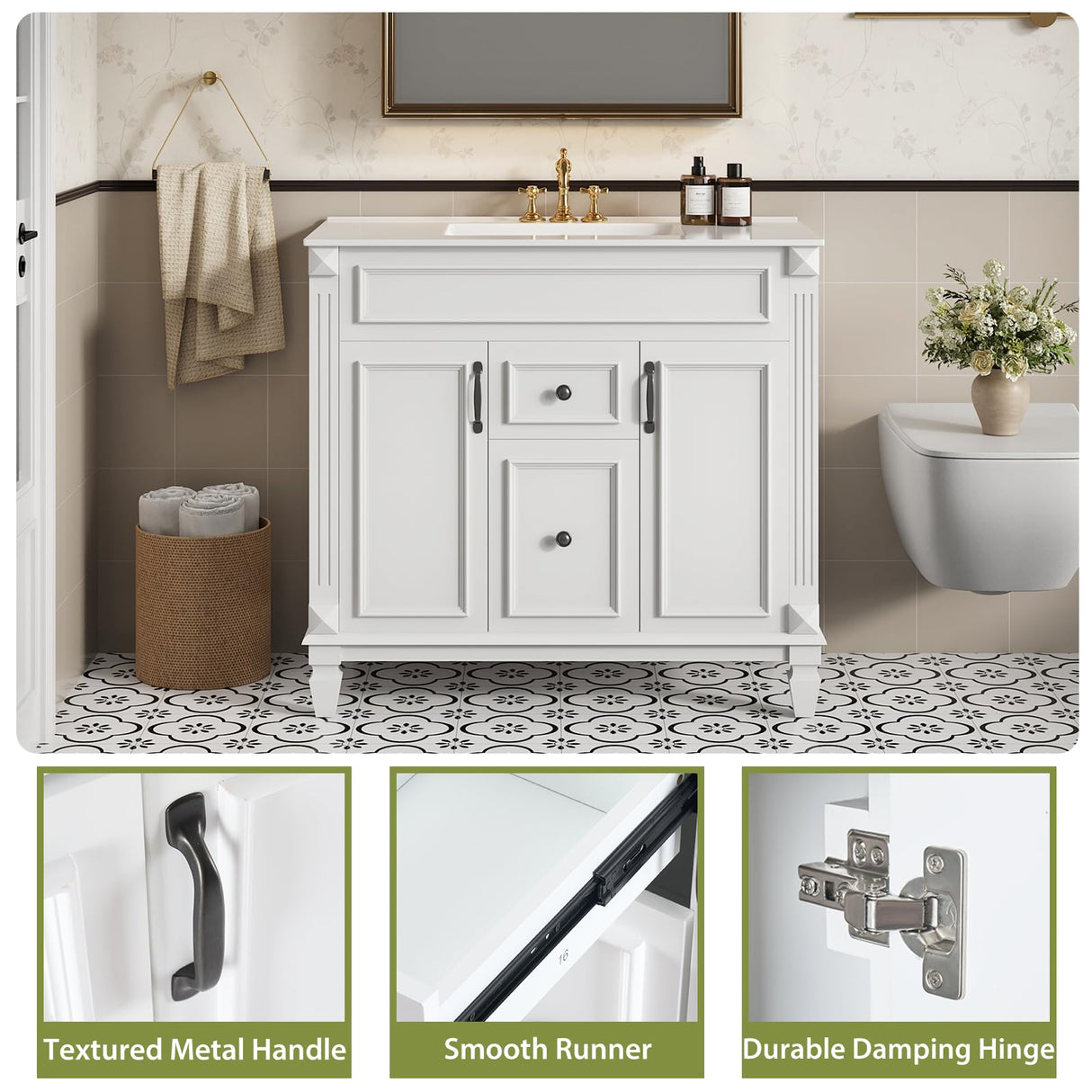 Sweetcrispy 36" Bathroom Vanity with Sink, Bathroom Storage Vanity Sink with 2 Doors& 2 Drawers, Farmhouse Wooden Free Standing Bathroom Cabinet with Sink, Easy Assembly, NO Mirror Faucet (White) Sweetcrispy