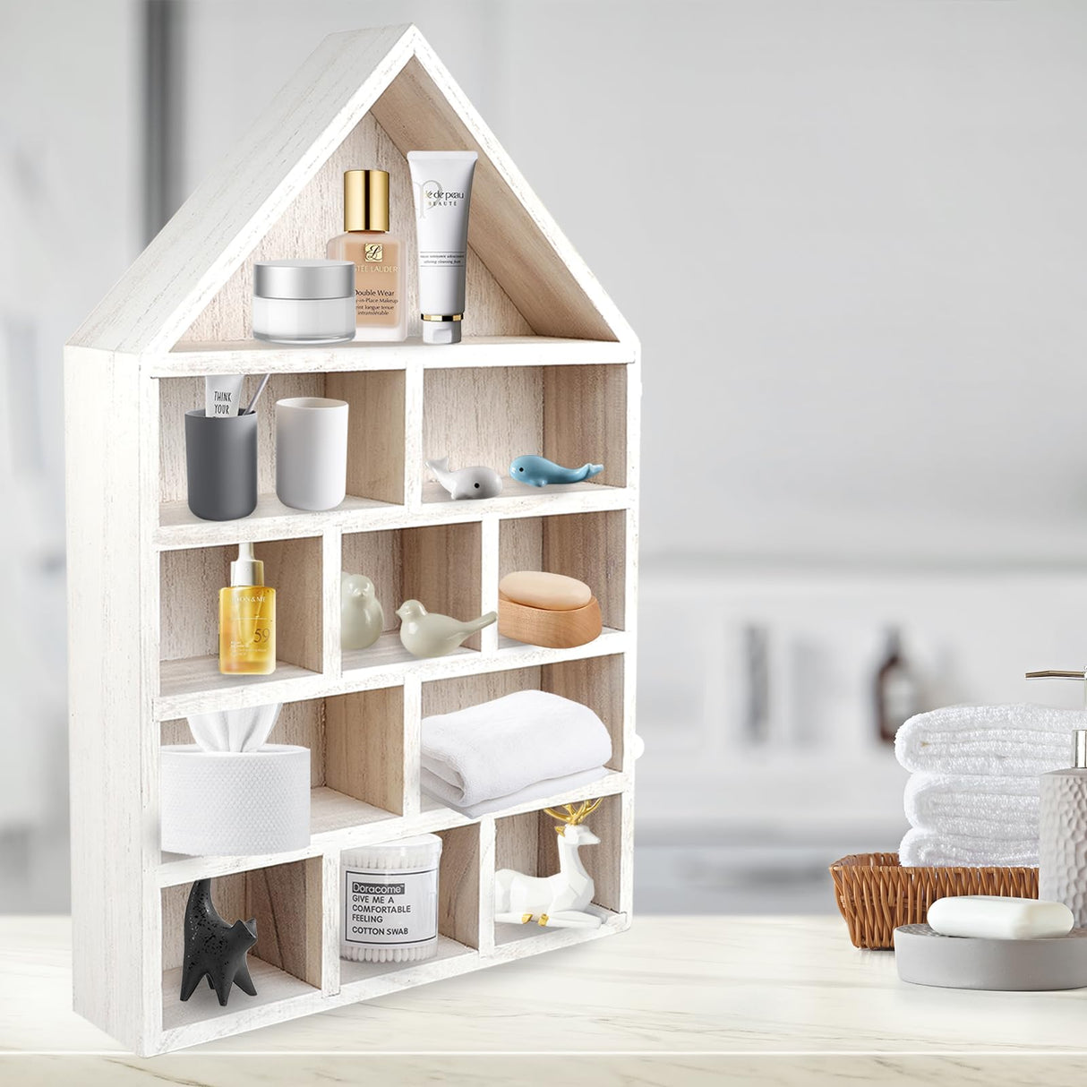 COM4SPORT Wooden Shadow Cubby Box Hanging Figurine Display Shelf White Curio Cabinet Organizer Wall Mounted Display Case Trinket Shelf Miniature Display Shelf for Collectibles (15.7 * 11.8 * 2.75in) COM4SPORT