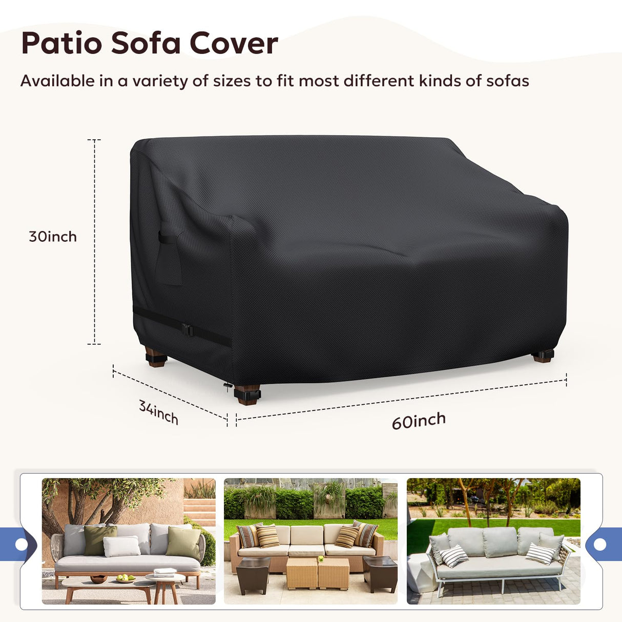 Outdoor Furniture Covers Waterproof, Gorpche 3-seater Outdoor Sofa Cover, Heavy Duty Lawn Patio Furniture Covers with Upgrade Fastener Windproof Buckle Straps, Outdoor Couch Cover - 60"W x 34"D x 30"H Gorpche