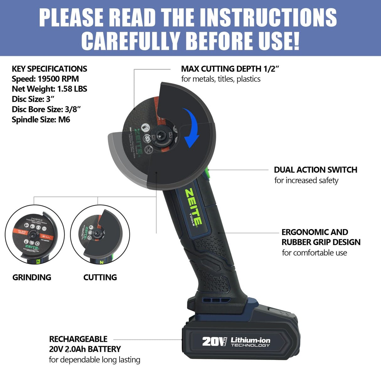 ZEITE 3" Cordless Cut Off Tool, 20V 2.0Ah Mini Cutter, Max Cutting Depth 1/2", 19500RPM Cutting Tool with 3 Cutting Discs 1 Flap Disc for Rust Removal, Battery and Charger Supplied Zeite