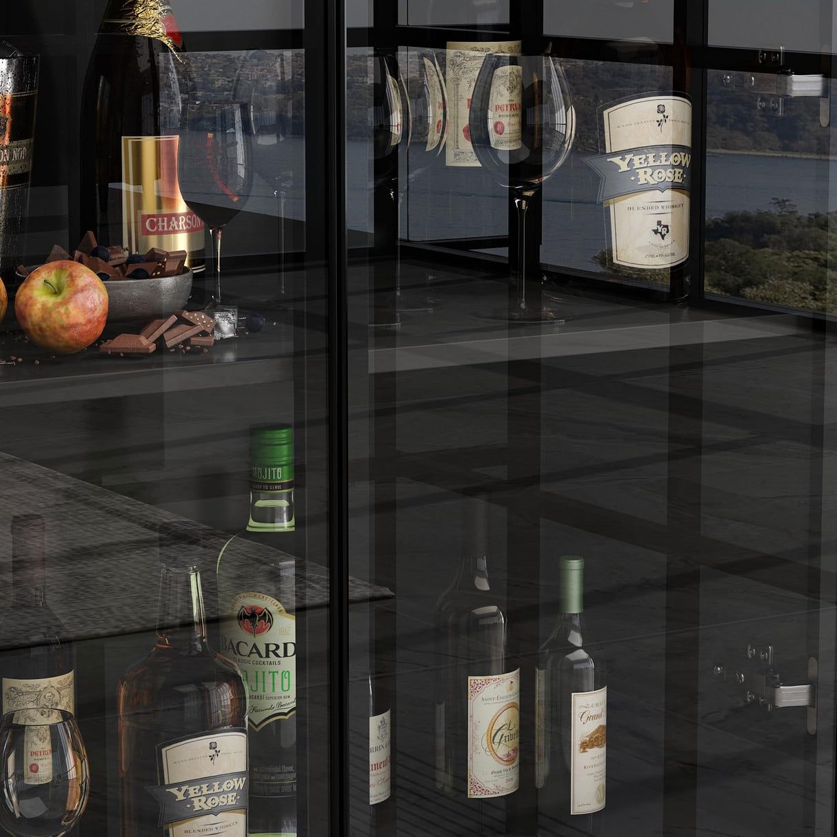 Homsee 4-Tier Black Bookcase with LED Lights, Glass Doors and Drawers for Stylish Storage Homsee