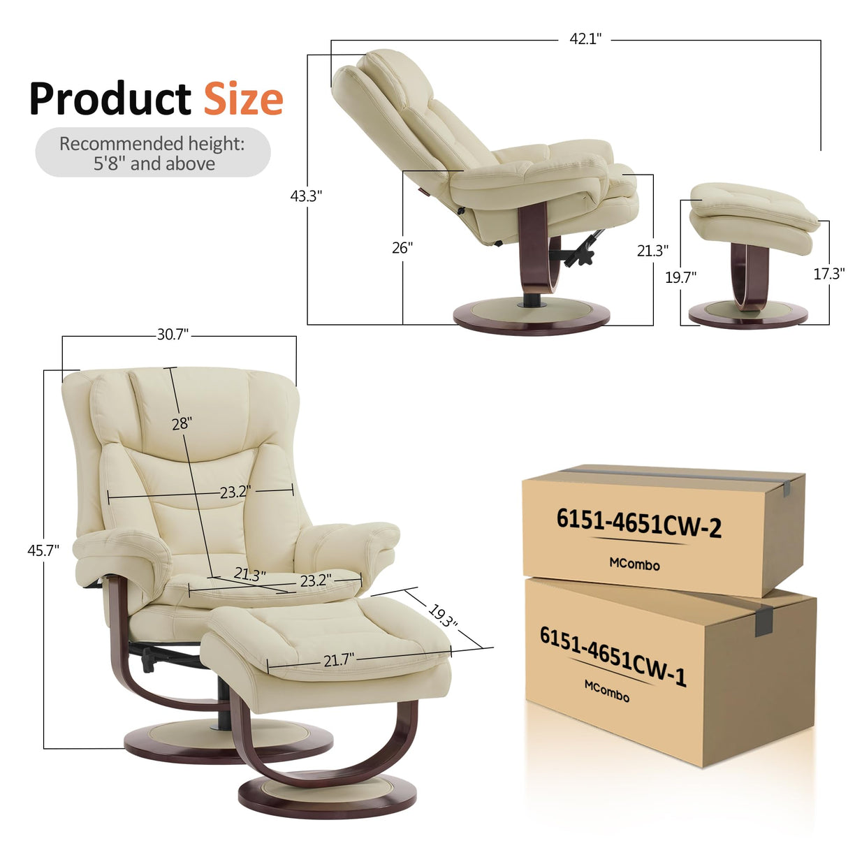 MCombo Oversized Swivel Recliner Chair with Ottoman, Adjustable Backrest, 360° Wood Base, High Seat, Faux Leather Lounge Chair for Tall Users in Living Room Office 4651 (Cream White) MCombo