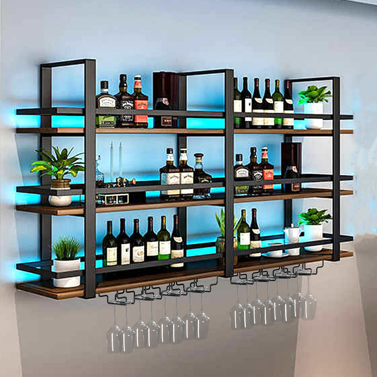 Wall Mounted Wine Rack with LED Light, 55.1in Large Wine Bottles Display Shelf with Glasses Holder, 3 Tier Metal Bar Shelves, Industrial Liquor Shelves for Home Bar, Dining Room & Kitchen (55.1in) DSVONAUS
