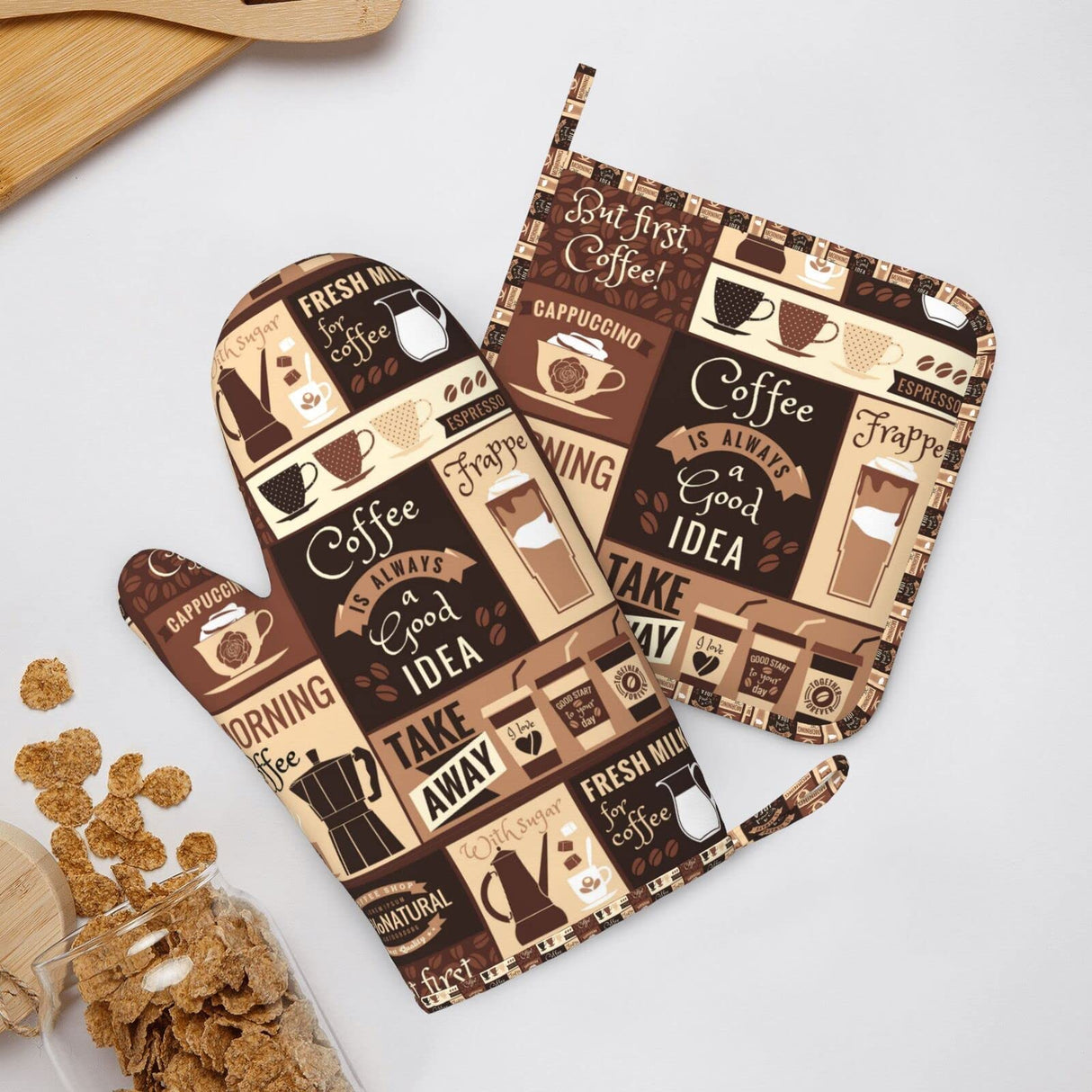 Oven Mitts Pot Holders Set Coffee Pattern Silicone Modern Art Kitchen Gloves Potholders Heat Resistant for Chef Baking Cooking Grilling BBQ 4 Pack Mitt SUPLUCHOM