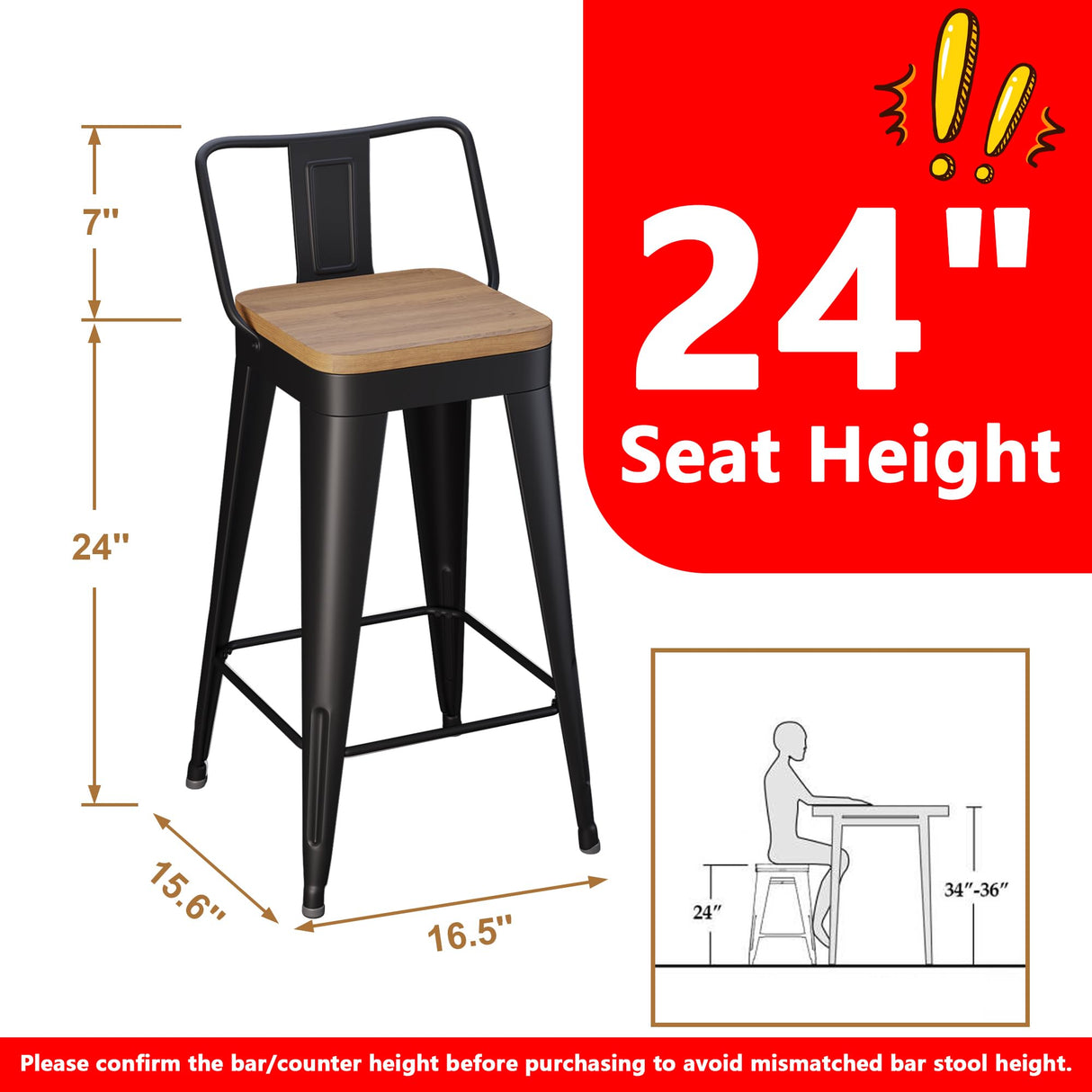 WENTMENT Metal Bar Stools Set of 2 Counter Height Barstools with Removable Back 24" Kitchen Bar Stools with Wooden Seat, Black WENTMENT