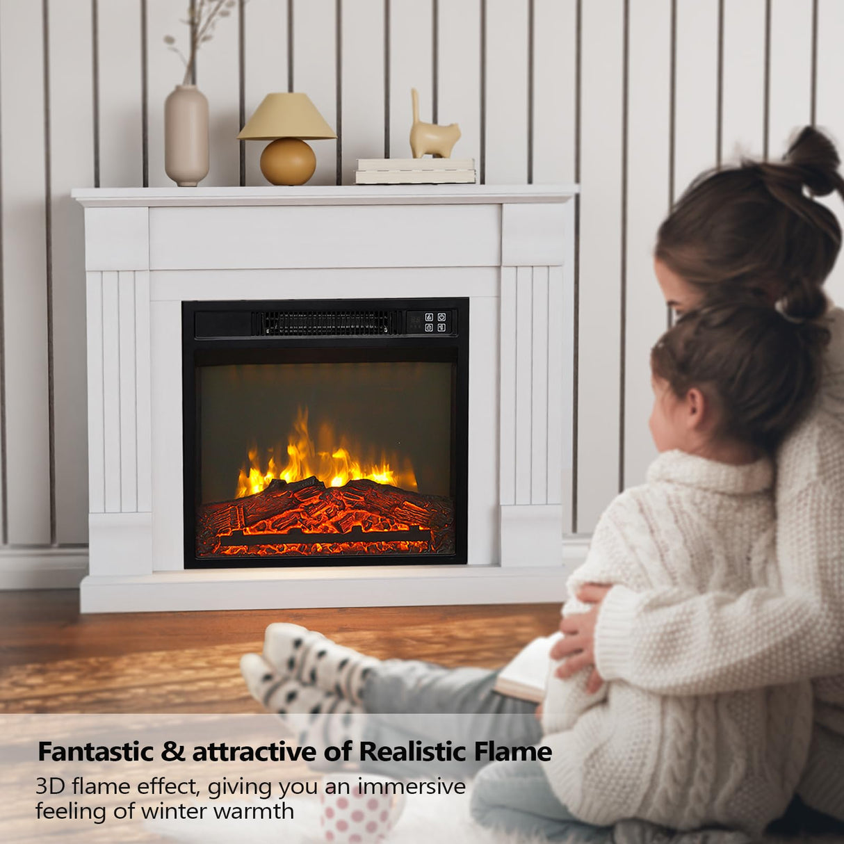 ROVSUN 32'' Electric Fireplace with Mantel, Freestanding Heater w/Remote, Timer, Realistic Flame & Adjustable Temperature for Home Bedroom Living Room Indoor, 1400W ROVSUN