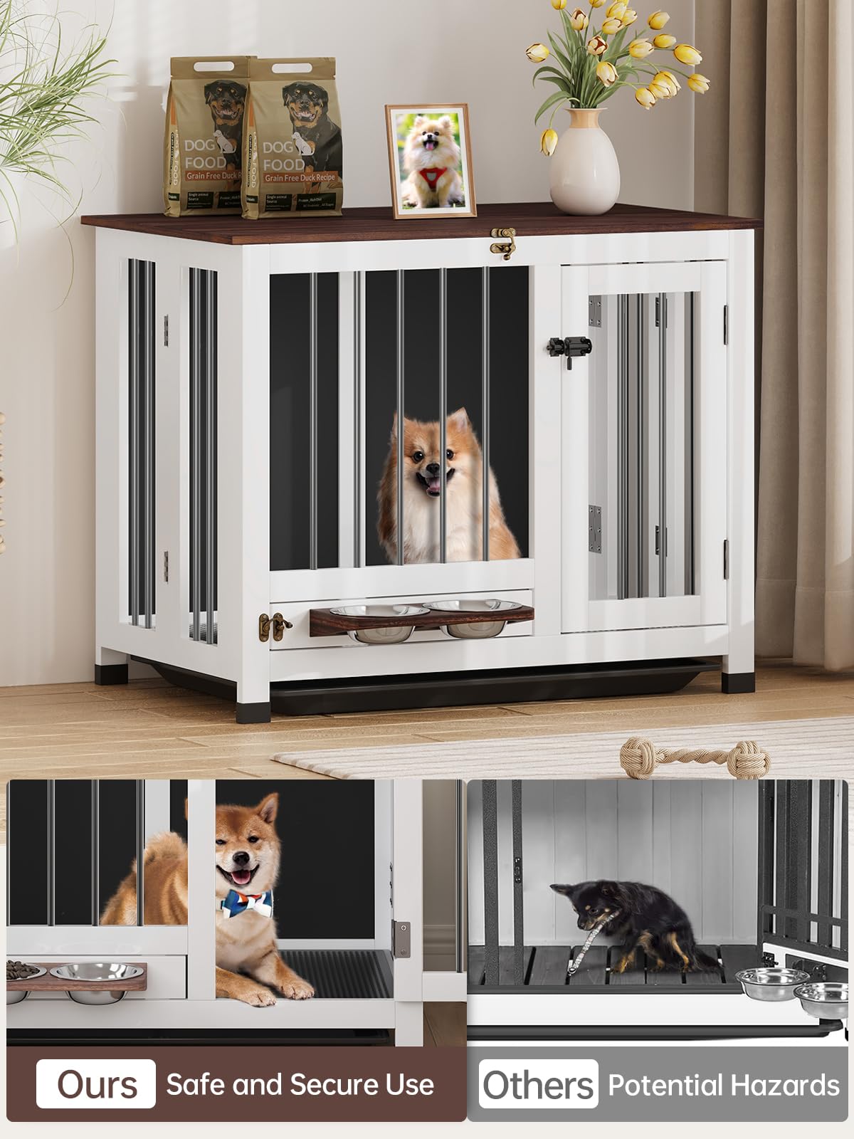 OtterOasis Dog Crate Furniture, Dog Kennel Indoor Foldable and Portable, Sturdy Wooden Dog Crate End Table Easy Assembly with 360° Rotating Feeder and Detachable Tray for Small Dogs, Medium Dogs OtterOasis
