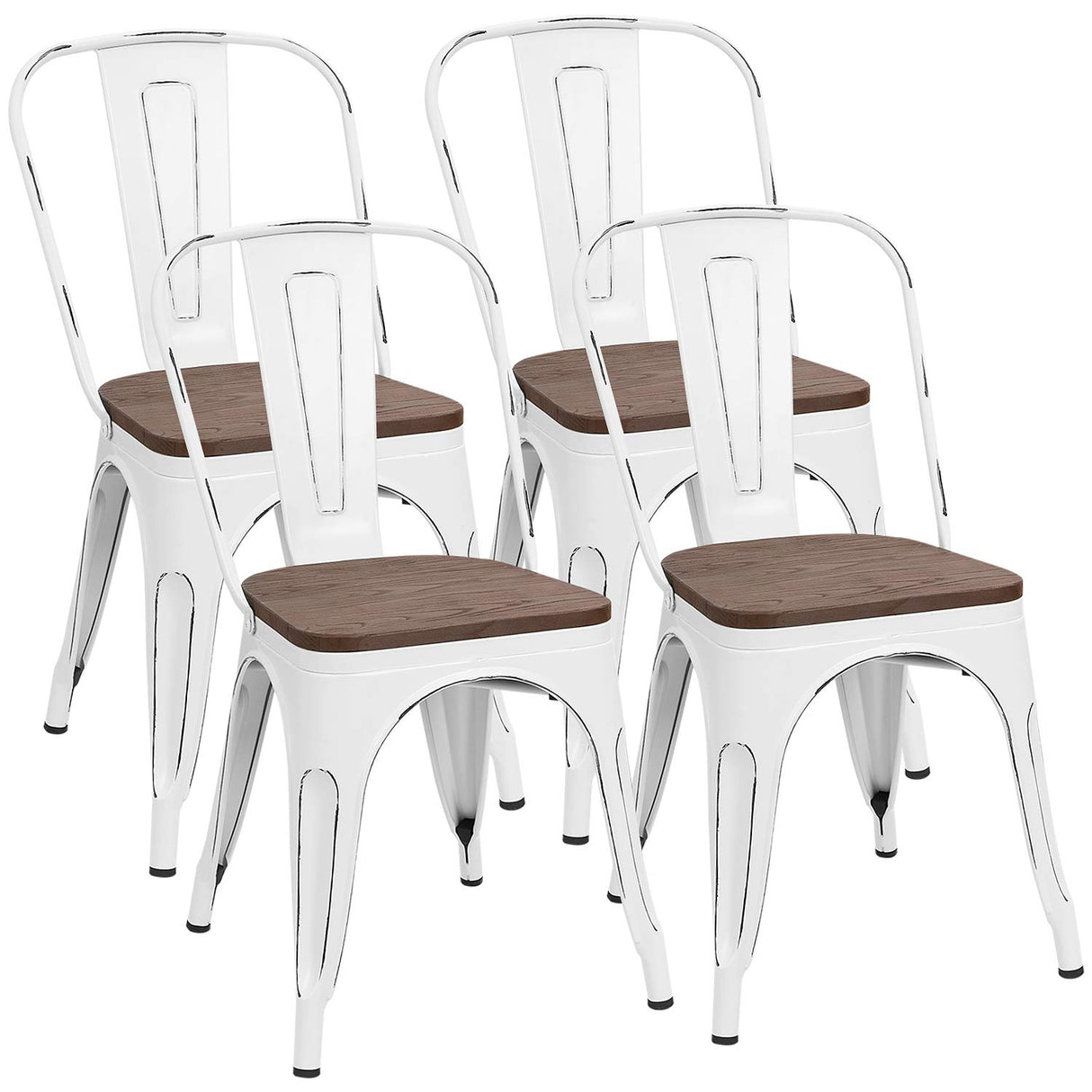 Furmax Metal Dining Chairs with Wood Seat, Indoor-Outdoor Use Stackable Chic Dining Bistro Cafe Side Metal Chairs Set of 4(White) Furmax