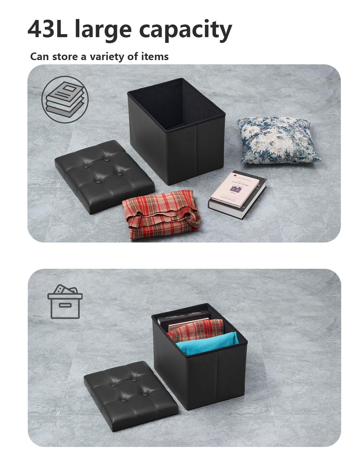 Bsketa Storage Ottoman, Folding Foot Stool with Thicker Foam Padded Seat Small Leather Storage Ottoman Bench Foot Rest for Living Room Foldable Coffee Table 17x13x13in,Black Bsketa