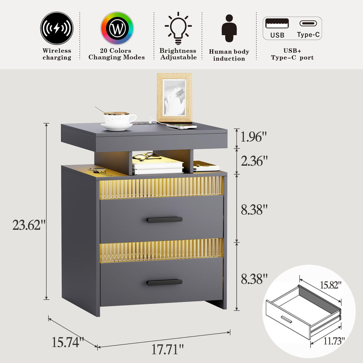 Nightstand with Charging Station and LED Lights, Night Stand with 2 Drawers, Wood Smart Bedside Table, Modern Bed Side Table for Bedroom, Grey QPLZF