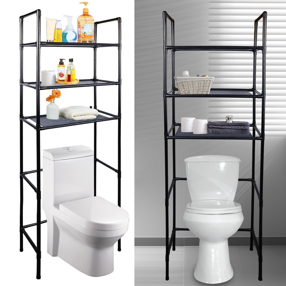 NICECHEF Over The Toilet Storage Shelf, 3 Tier Storage Cabinet Over Toilet, Multifunctional Over The Toilet Rack, Bathroom Organizer Freestanding Toilet Shelf Space Saver (Black) NICECHEF