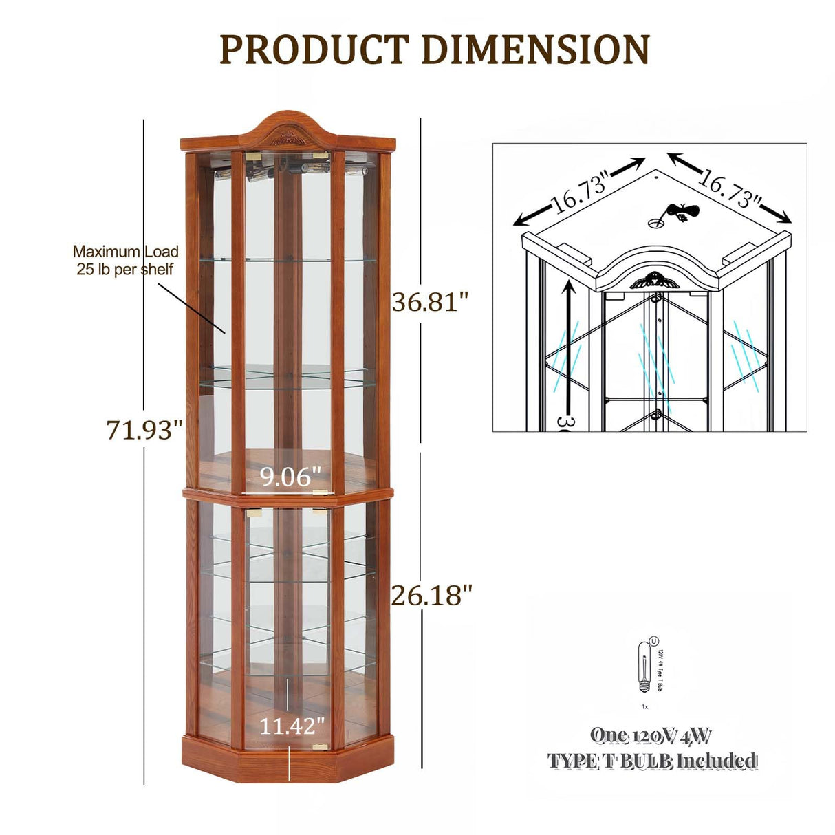 Curio Cabinet,Curio Cabinets with Glass Doors,Corner Curio Cabinet,Glass Display Cabinet with LED Lights,Adjustable Shelves,3-Side Glass Curio Cabinet,Glass Display Cabinet with 6 Shelves(Oak) XUWANSHANG