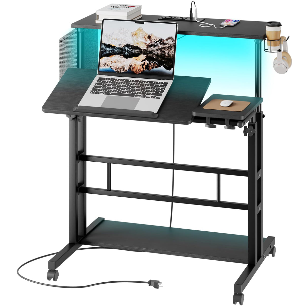 Dripex Mobile Standing Desk with Power Outlets & Strip Lights, Rolling Computer Desk with Cup Holder, Hook, Storage Bag, Adjustable Height Laptop Desk with Wheels, Small Standing Desk Drawing Desk Dripex