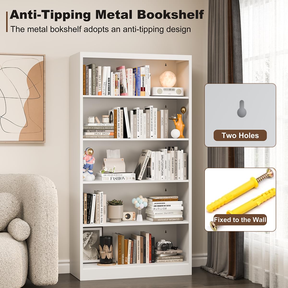 CBNTKI Metal Bookcase and Bookshelf, 66 in Tall Heavy Duty Bookshelf with 4 Adjustable Storage Shelves, Large Deep Bookcase for Home, Library, Office, Bedroom, School, White CBNTKI