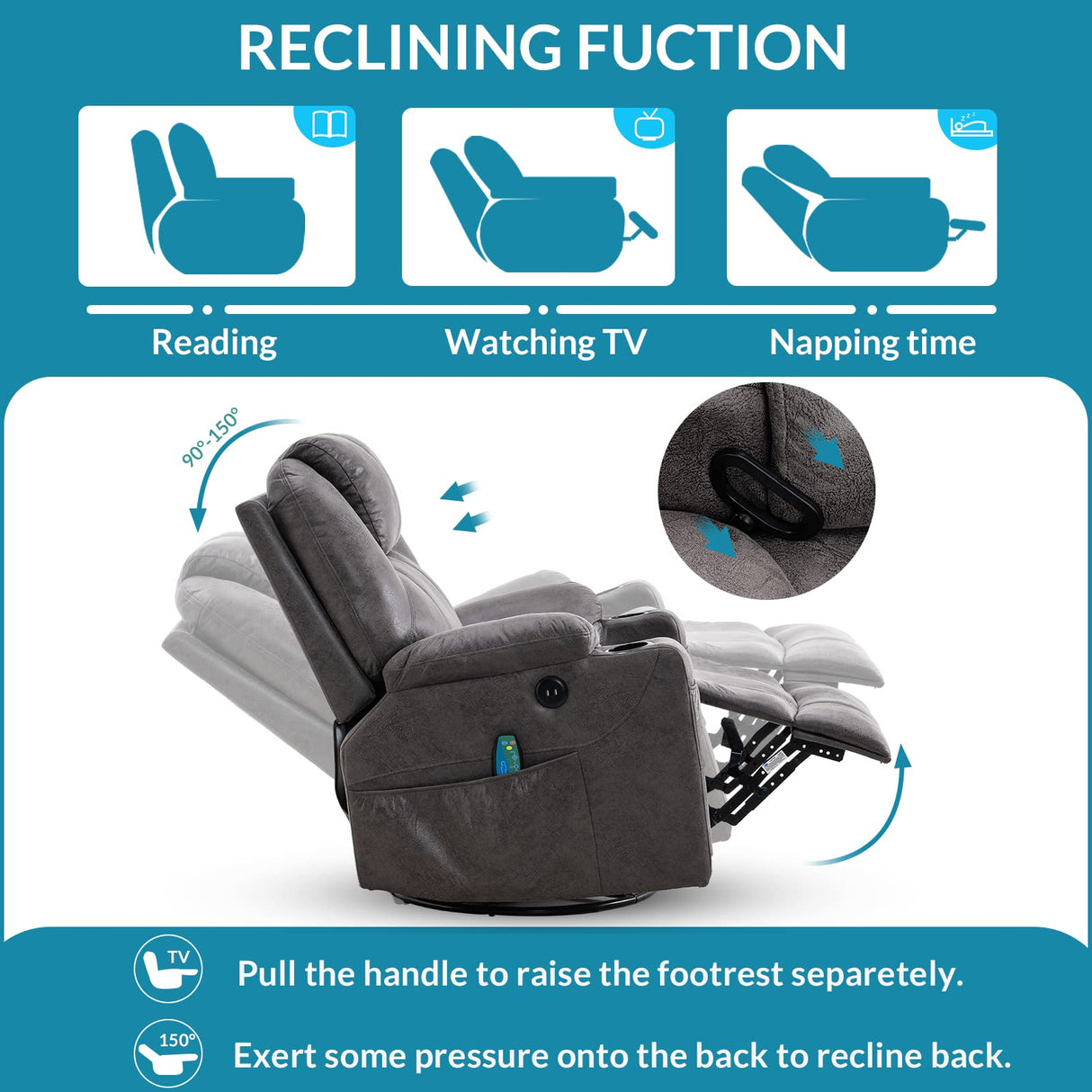 OUINCH Manual Swivel Glider Rocker Recliner Chair with Massage and Heat, 2 USB Ports, 2 Cup Holders, 2 Side Pockets and 2 Front Pockets, Bronze Suede Fabric (Grey) OUINCH